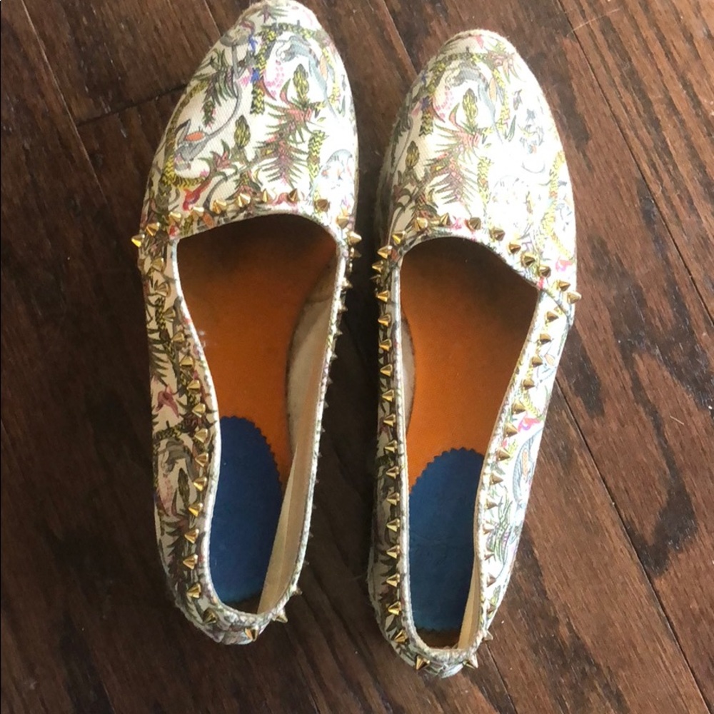 Louboutin Melides Ivory Canvas Gold Studs Flats